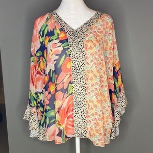 NWT! Boutique Bohemian Mixed Print Chiffon Patchwork Ruffle Flare Sleeve Top -S